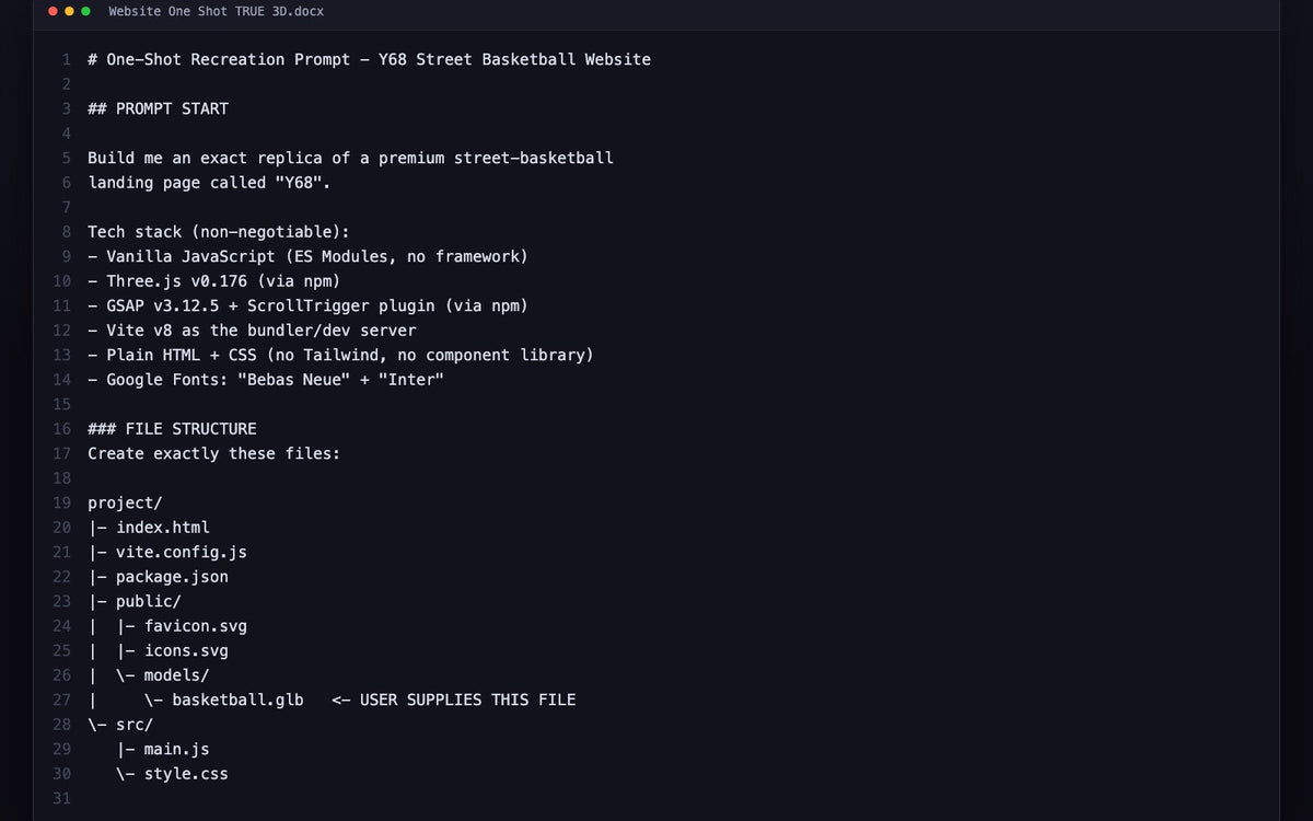 Inside one of the one-shot website prompts